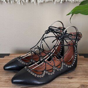 Jeffery Campbell Prudence Black Leather Silver Eyelet Lace Up Ankle Wrap Flats